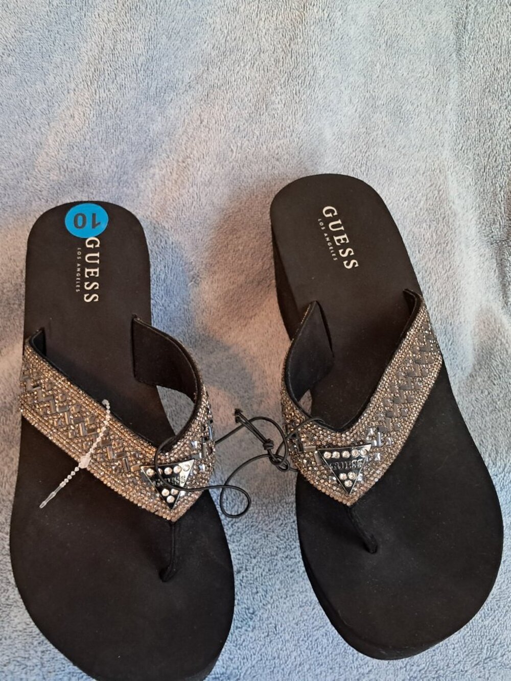 Guess Black Rhinestone Bling Platform Thong Sandals Wedges Size 10 NWT
